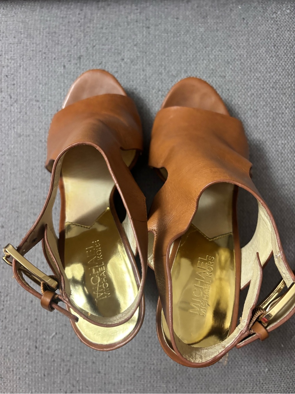 Michael Kors Cognac Leather Open-Toe Wedge Sandals